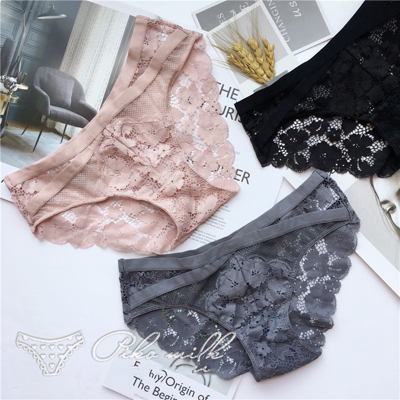 

SP&CITY Cross Bandage Design Floral Embroidered Lace Hollow Out Panties Women Sexy Transparent Underwear Crotch Cotton Briefs, Black