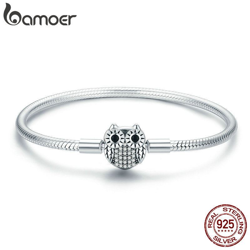 

Bamoer Authentic 100% 925 Sterling Silver Cute Animal Owl Clasp Women Snake Chain Bracelet Sterling Silver Jewelry S925 Scb067 J190707, Golden;silver