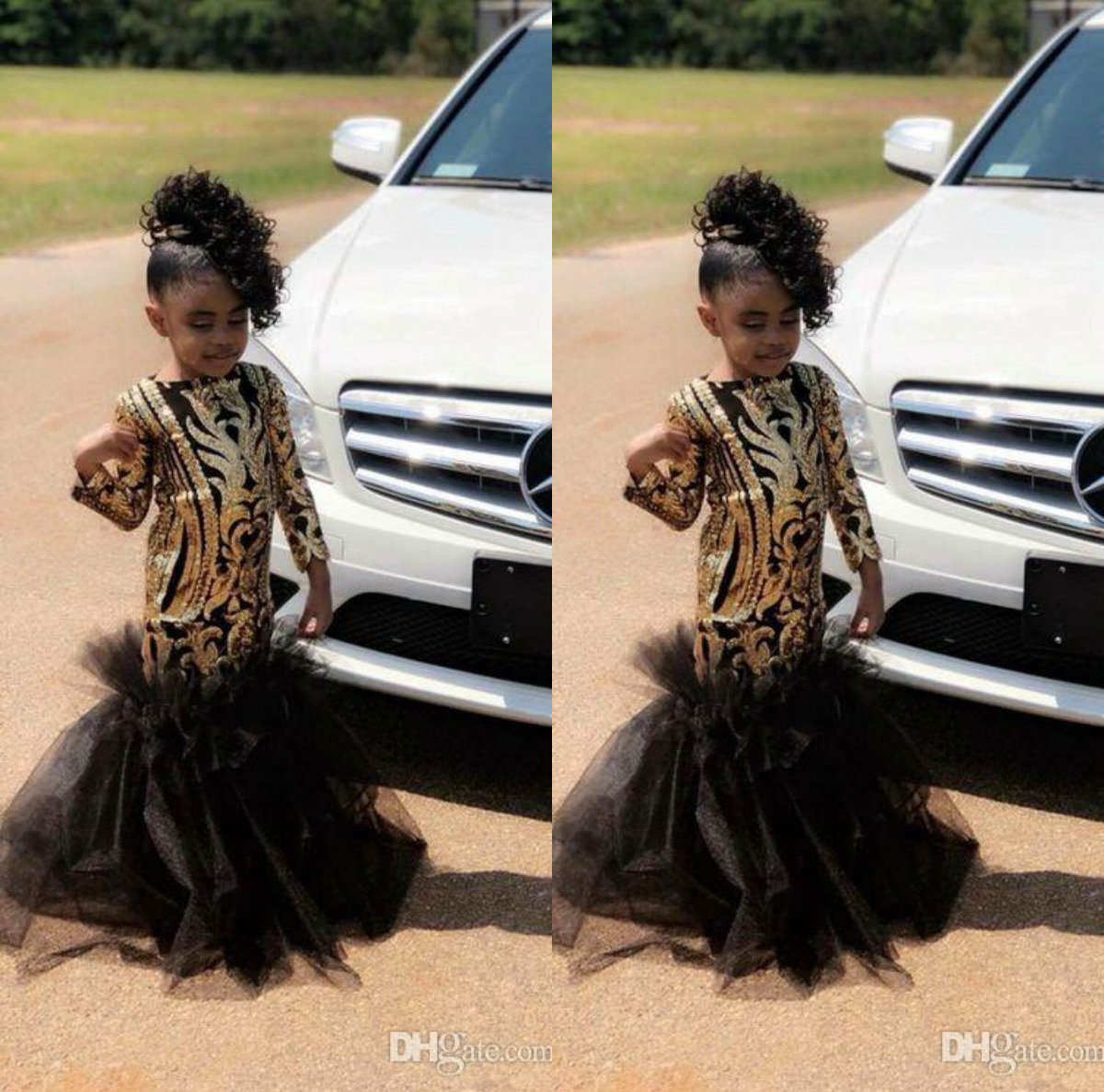 

2019 Black and Gold Mermaid Flower Girl Dresses With Sequins Lace Ruffle Train Girls Pageant Dress Plus Size Formal Little Prom Party Gowns, Yellow