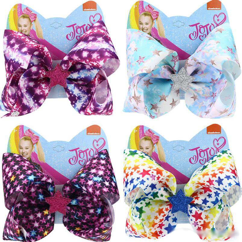 

2020 NEW JOJO SIWA Hari Bow 8 inch Pentagram Star printed ribbon duck bill clip headdress, Slivery;white