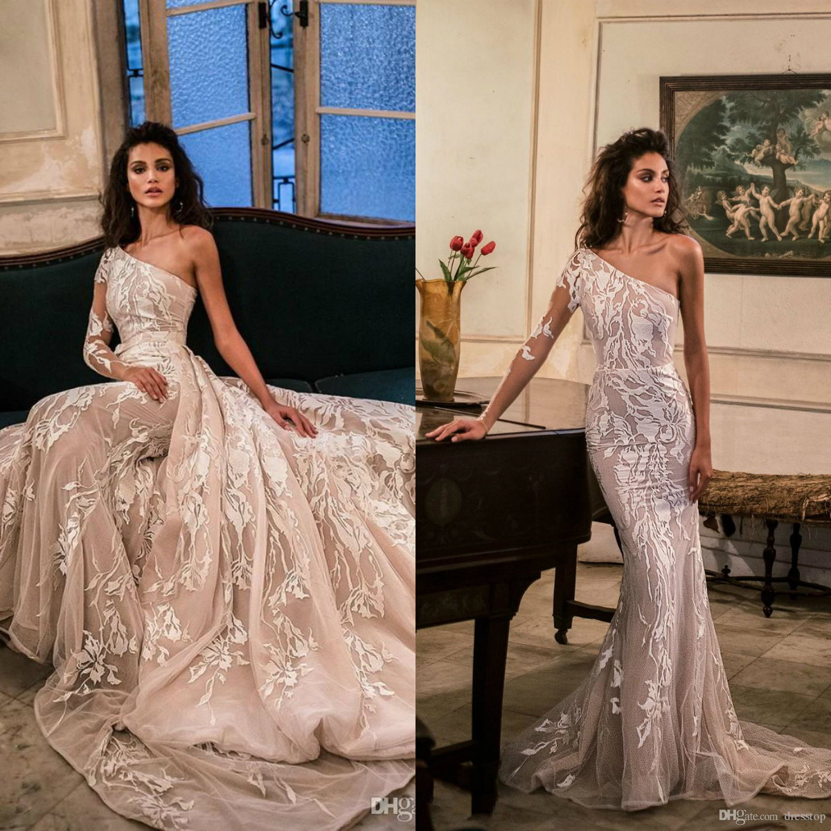 

Sexy Julie Vino Mermaid Wedding Dresses With Detachable Train One Shoulder Wedding Gowns Appliqued abiti da sposa Wedding Dress, Custom made from color chart