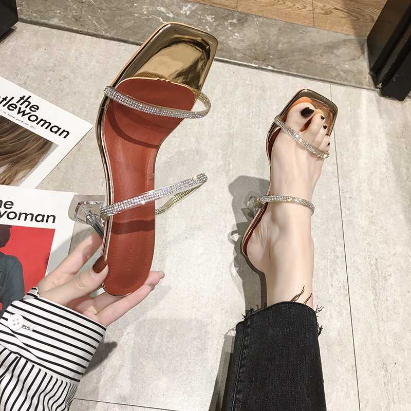 

Luxury Women Slippers Crystal high-heeled sexy temperament dress 2020 Fashion Female Summer Shoes slides Chaussures Femme, Silver