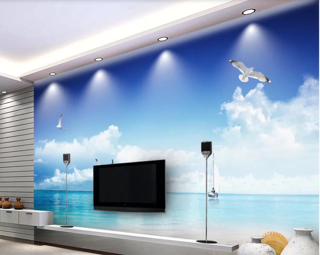 

3d room wallpaper custom photo mural Blue sky, white clouds, beach, seascape, 3D TV background wall home improvement wallpaper for walls 3 d, Non-woven fabric