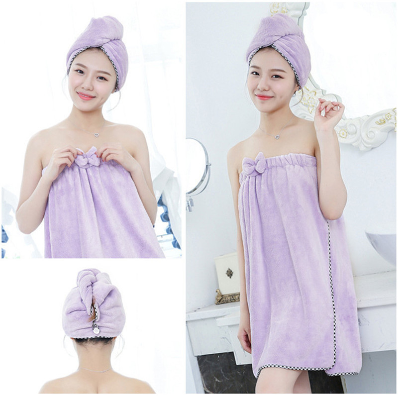 

High Quality Women Bathroom Super Absorbent Quick-drying Coral Fleece Thick Hair Dry Cap Bath Towel Bath Robe Hair Towel Set, Pink
