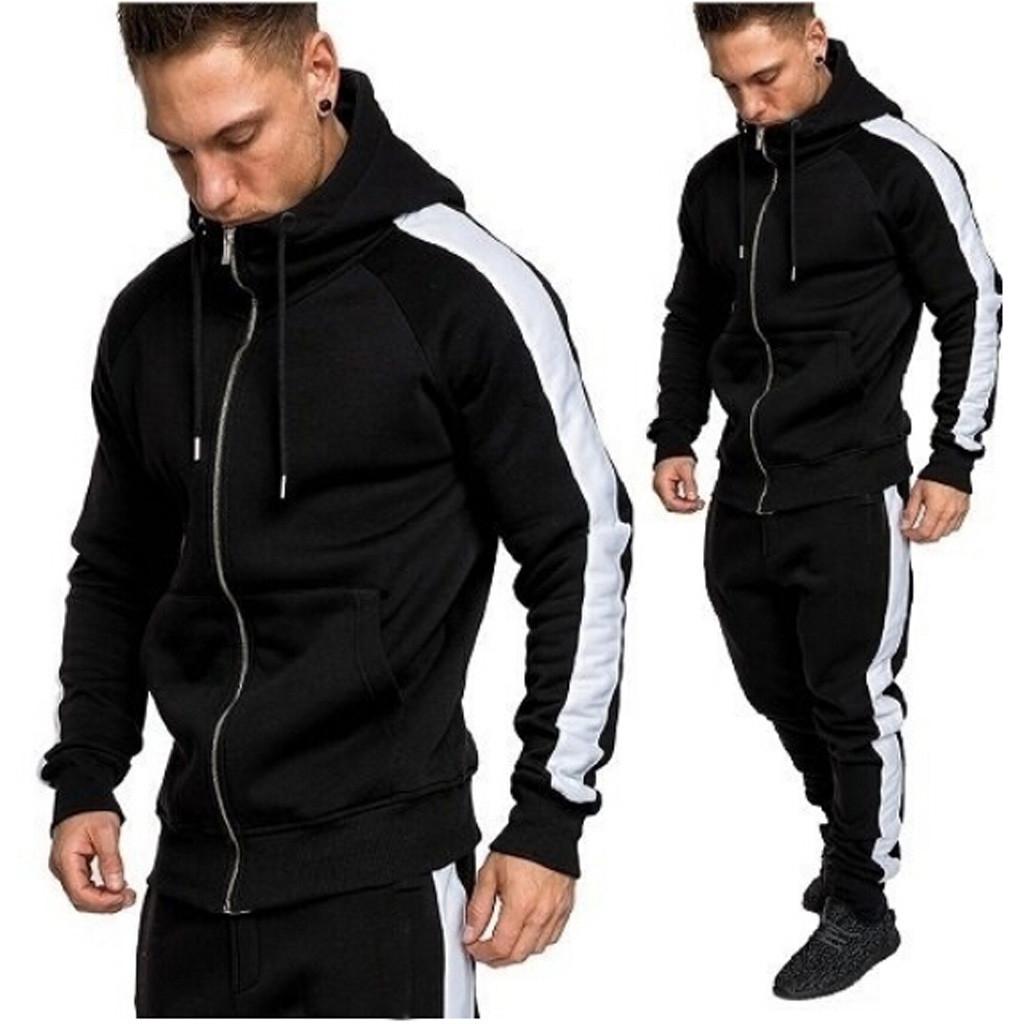 

New Autumn 2 Pcs Men Set Winter Zipper Print Sweatshirt Top Pants Sets Sport Suit Tracksuit Pantalon Sudaderas Para Hombre, Black