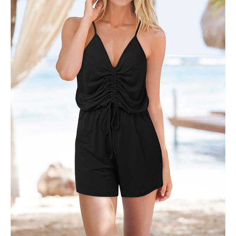 

Women Rompers Jumpsuit Casual Solid Color V-neck Sling Sleeveless Drawstring High Waist Jumpsuit Ropa Mujer Summer Bodysuit, Black