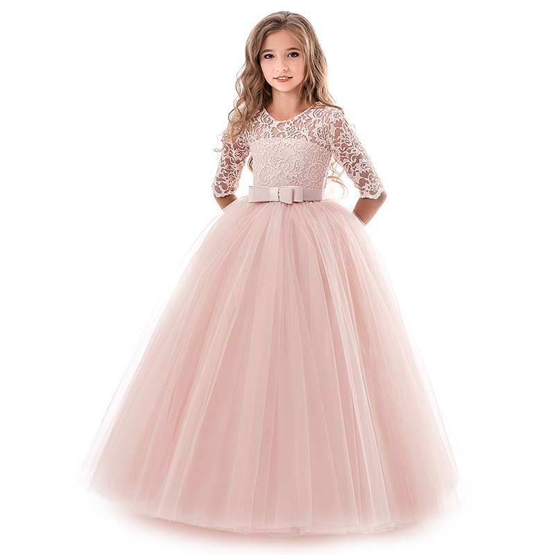 

Long Evening Dress Flower Girl Dresses Teenager Wedding Communion Lace Sleeve Children Clothes 9 10 12 14 Yrs Birthday Outfits Y19061801, As photo