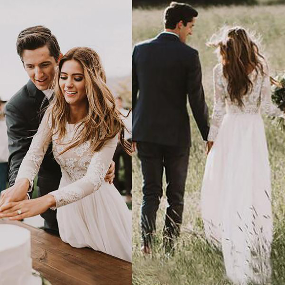 

New Elegant Bohemian Lace Wedding Dresses With Long Sleeves Floor Length A Line Lace Appliques Chiffon Beach Bridal Gowns Vestido De Novia, White