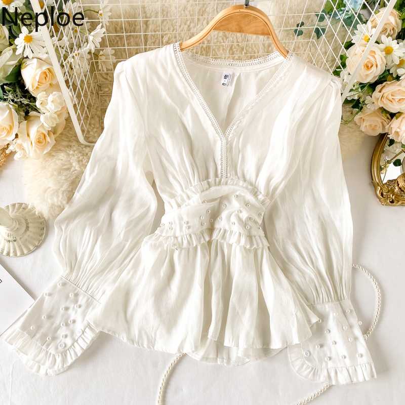 

Women's Blouses & Shirts Neploe French Court Style Beading Design Long Sleeve Blouse Black Slim Waist Hollow Out V Neck Blusas Autumn Spring