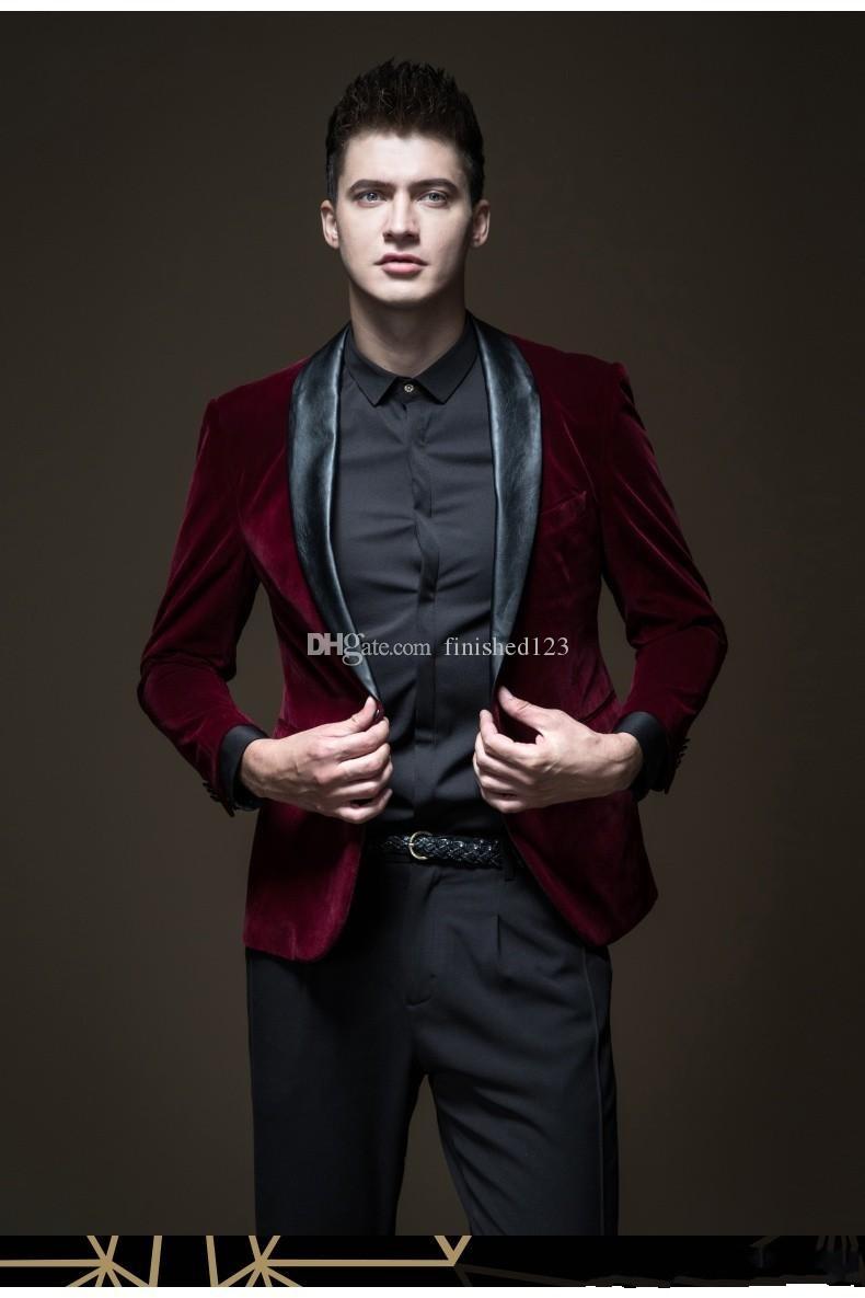 

Handsome Back Vent One Button Wine red Velvet Wedding Groom Tuxedos Shawl Lapel Groomsmen Men Suits Prom Blazer (Jacket+Pants+Tie) NO:1875, Same as image