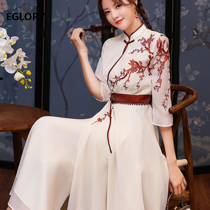 

Top Quality Brand Chinese Dress 2020 Summer Women Luxurious Embroidery 3/4 Sleeve Mid-Calf Green Apricot Dress Vintage XXL Size, As pic