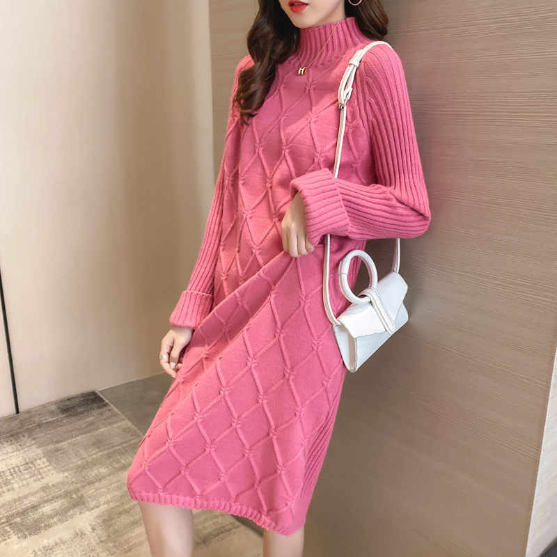 

Half Turtleneck Sweater Women Plaid Thick Autumn Winter 2020 New Loose Sweater Dress Straight Shirt Long Knit Dress Female Tops, Beige