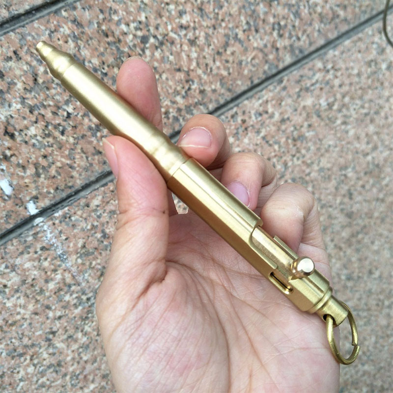 

EDC Self-defense Pull Bolt Brass Tactical Pen Hand Pen Outdoor Survival Creative Retro Writing Ball Pen Hanging Ring Outdoor Camping, Gold