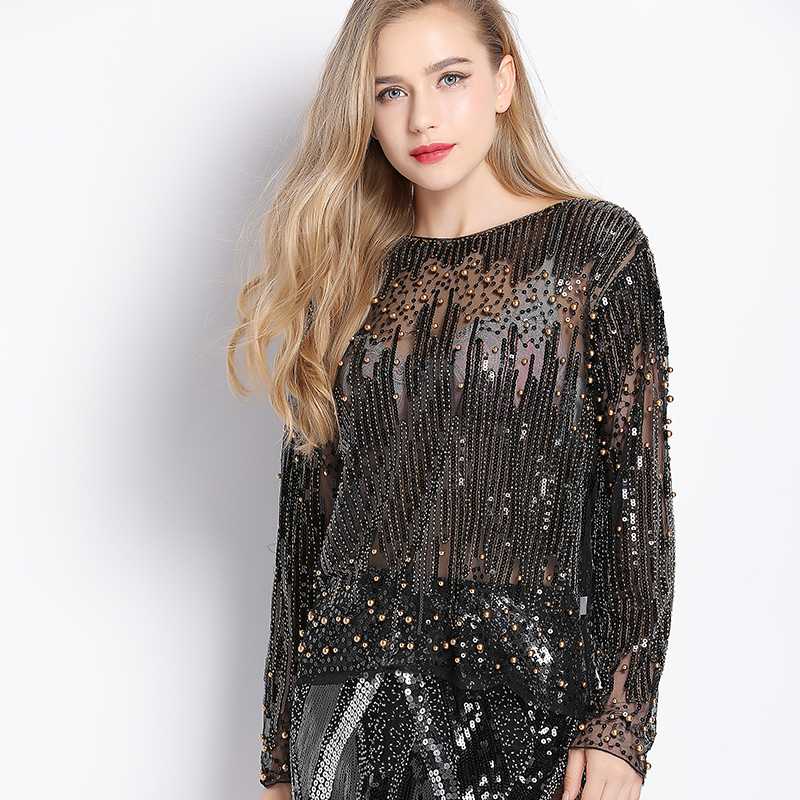 

Runway Sexy Sequined Bead Sheer Mesh Lace Long Sleeve Shirt Vintage Diamonds Embroidery Embellished Blouse Top Women Tunic, Gold