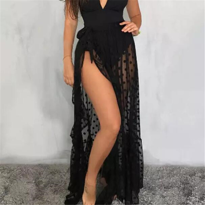 

Women Polka Dot Sheer Beach Bikini Cover Up Summer Casual Solid Mesh See Through Swimwear Swim Wrap Sarong Skirts