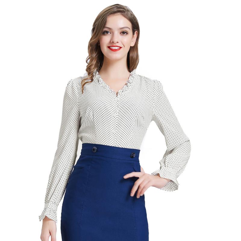 

New Spring Blouse Women Polka Dot Blouse Long Seleeve Frilled V Neck Slim Button Plus Size Women Tops 2020 Fashion, Black