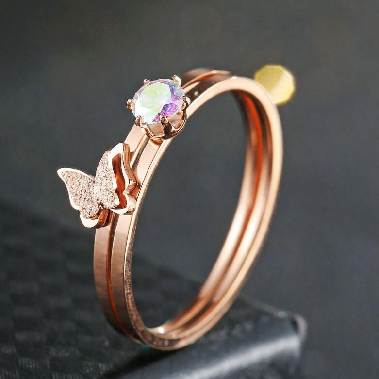 

jewelry titanium steel rings butterfly rings sets zirconrose gold color rings for women hot fahsion