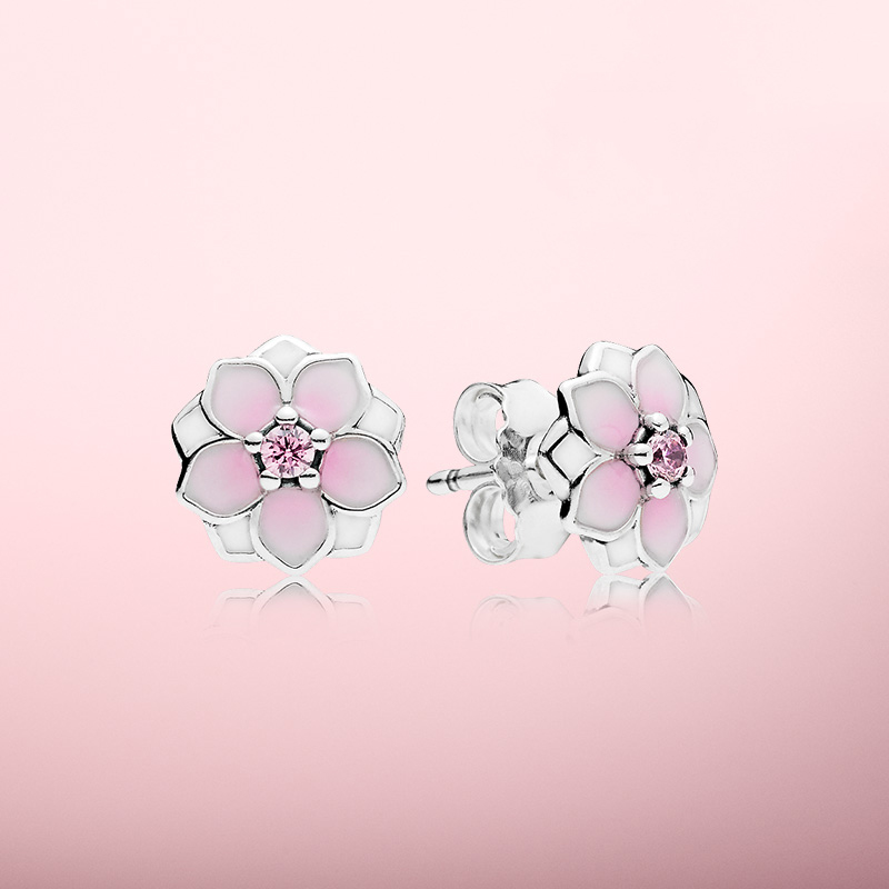 Pink Magnolia Stud Earrings Authentic 925 Sterling Silver designer Earrings Women Wedding Party Jewelry Crystal flower earrings with Luxurious Retai