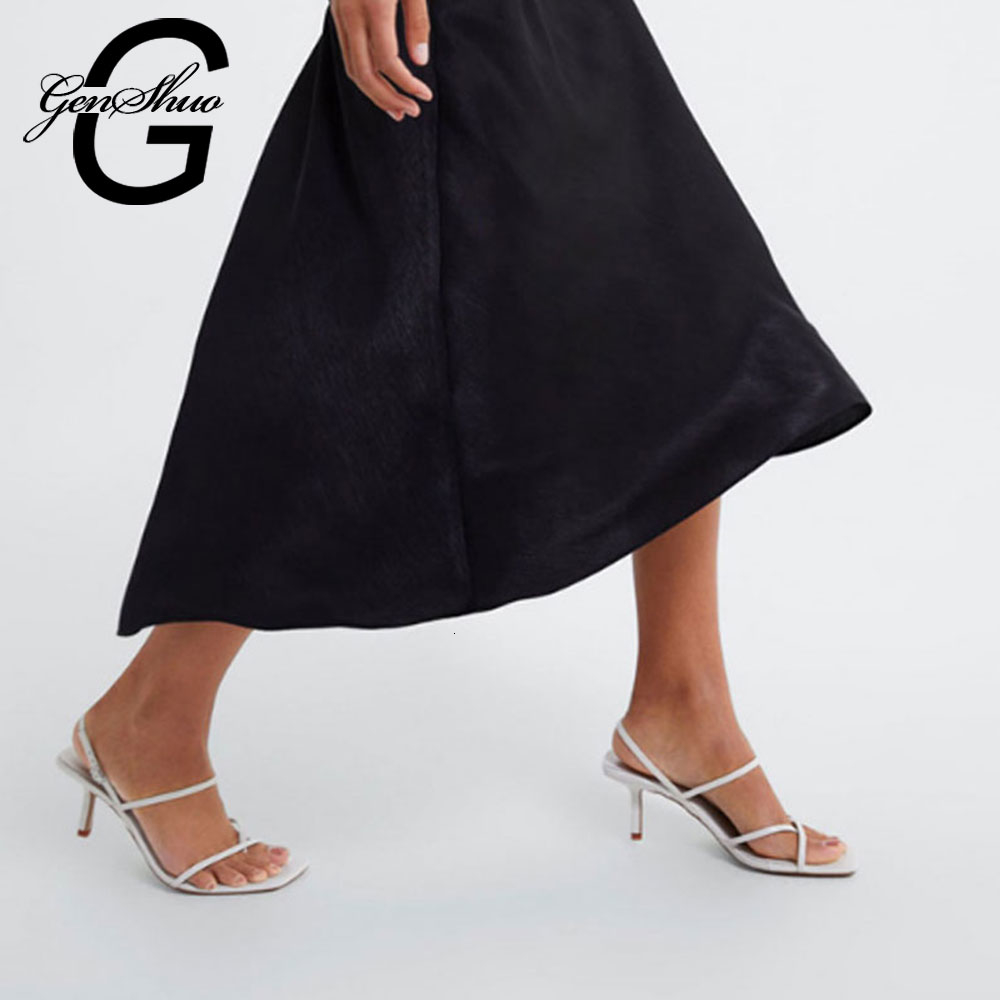 

GENSHUO White High Heels Sandals For Summer Narrow Band High Heel Vintage Square Toe Heel Sandals Concise Ladies Shes For Party CJ191116, Pu black