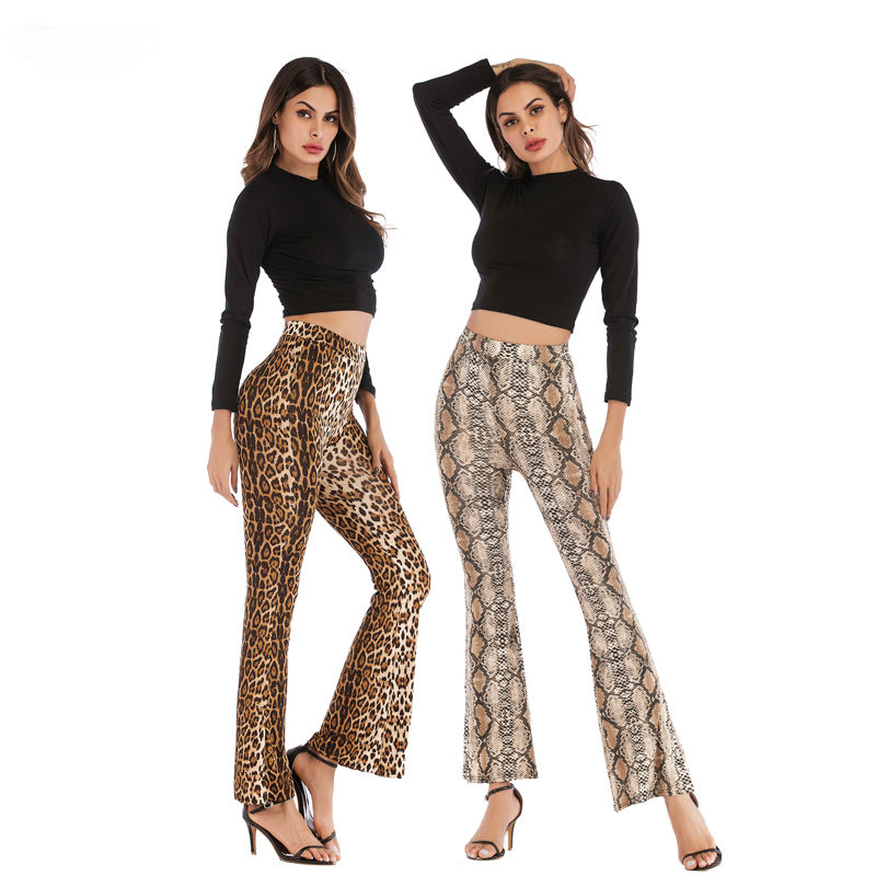 Snakeskin pants 2019 Summer women sexy bell bottom Leopard snake skin trousers high waist wide leg pants BM5974-image-457912536
