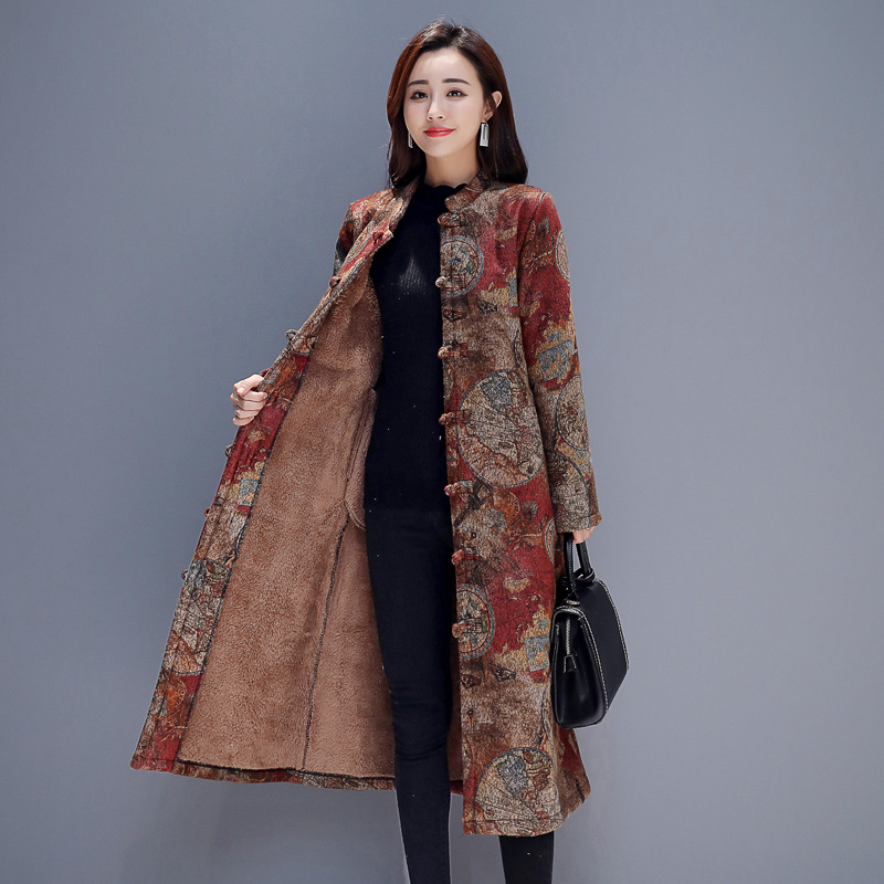 

2020 spring new women's ethnic national style buckle retro cotton coat long plus velvet thick windbreaker jacket