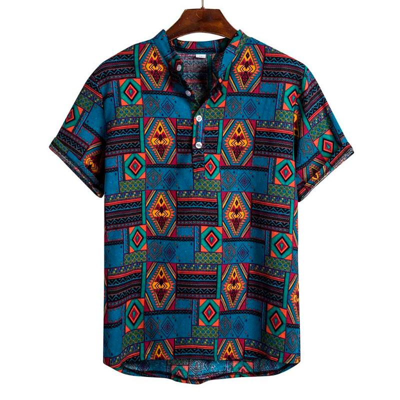 

Men's Shirts Ethnic Short Sleeve Casual Cotton Linen Printing Blouse Hawaiian Beach Shirt Mens Holiday Vacation Clothing F3#1, As pic