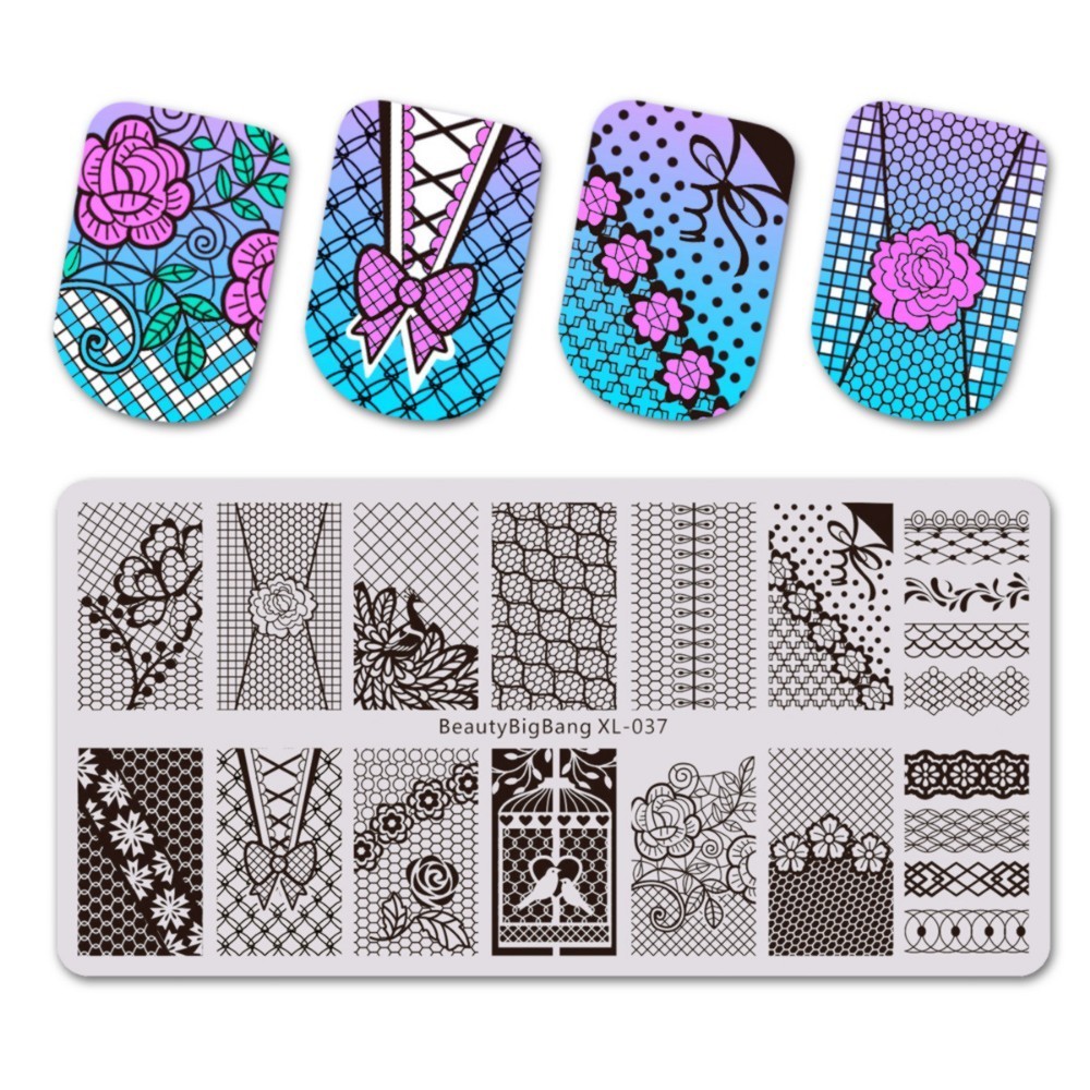 

BeautyBigBang Nail Stamping Plates Lace Flower Stitching Rose Pattern DIY Image 6*12cm Nail Art Stamping Plate Template XL-037