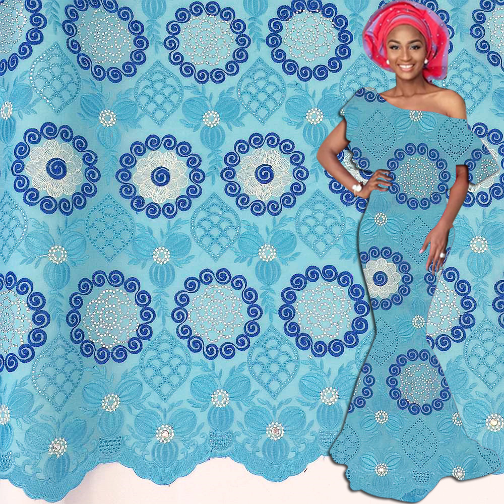 

Blue African Lace Fabric Swiss Nigerian Cotton Latest Nigeria laces fabrics With Stones For Party Wedding Dresses