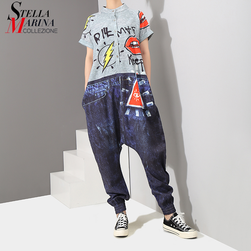 

2020 Korean Style Short Sleeve Women Denim Harem Romper Jumpsuit Letter Pattern Printed Lady Big Size Hippie Loose Overalls 3576, 3576 multicolor
