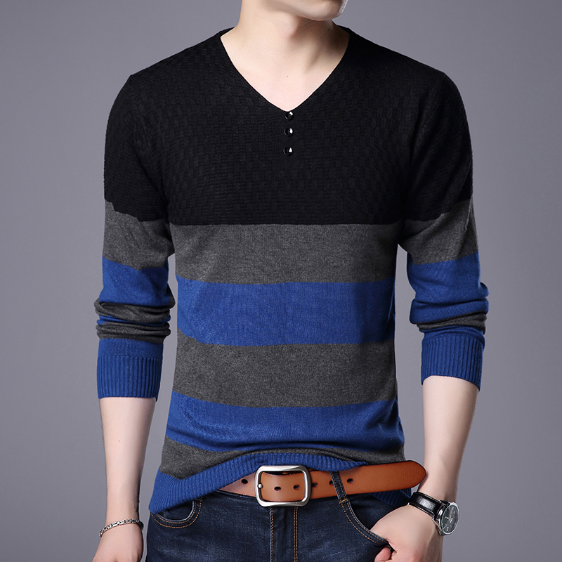 

V Neck Casual Autumn Winter Warm Pullover Knitted Striped Male Sweater Men Dress Thick Mens Sweaters Jersey Clothing, Men sweater yellow