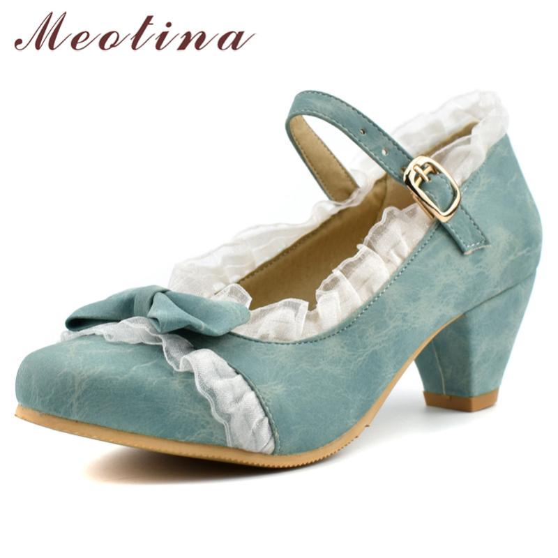 

Meotina High Heels Women Pumps Sweet Bow Spike High Heels Mary Janes Shoes Buckle Round Toe Lolita Shoes Lady Red Big Size 34-46, Beige