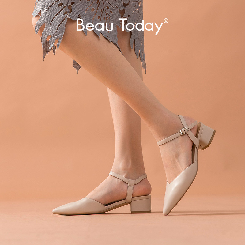 

BeauToday Sandals Women Calfskin Genuine Leather Slingback Straps Pointed Toe Summer Ladies Med Heel Pumps Handmade A31063, Beige