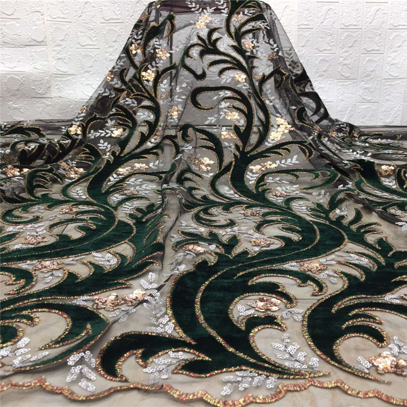 

Green Color nigeria velvet sequin french lace fabric high quality for wedding dress