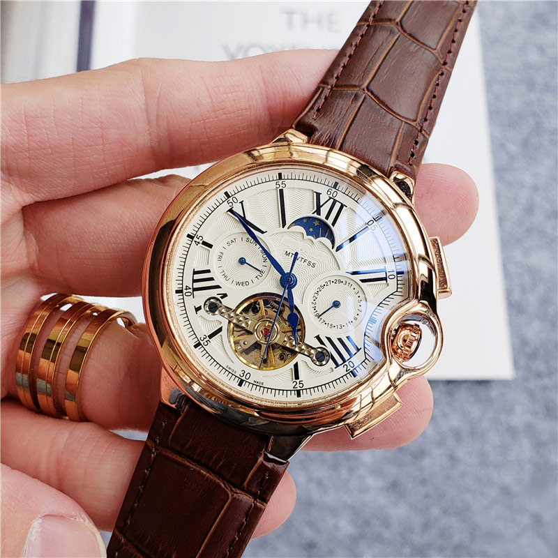

High Quality fashion men watches All sub-dials work movement watch Moon Phase daydate mechanical automatic wristwatche for mens gift rejoles, Slivery;brown