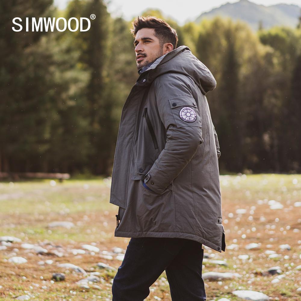 

SIMWOOD 2019 winter new down coats men fashion hooded long 90% white duck down parkas plus size high quality jackets SI980617, Khaki