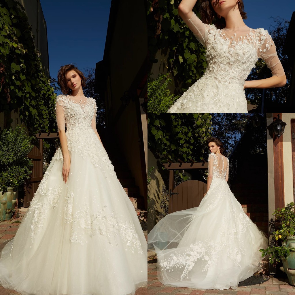 

2020 Lace Wedding Dresses Half Sleeveless 3D-Floral Appliques Bridal Gowns Button Back Sweep Train A Line Wedding Dress Robe De Mariee, Pink