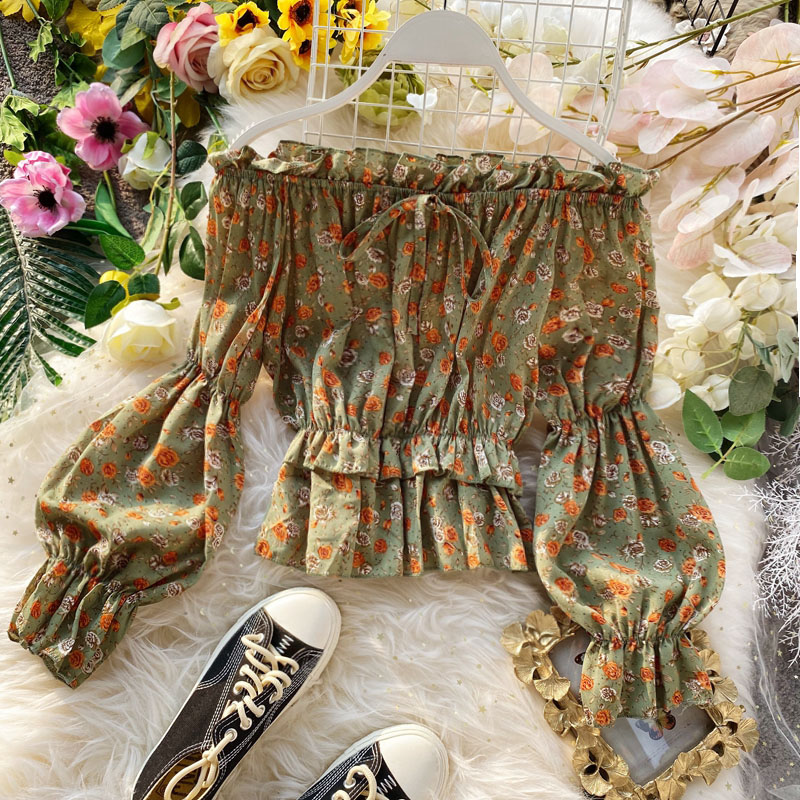 

Korean Flower Print Slash Neck Women Blouses Vintage Long Sleeve Chiffon Blusas Mujer Sweet Ruffles Patchwork Female Shirts, Apricot