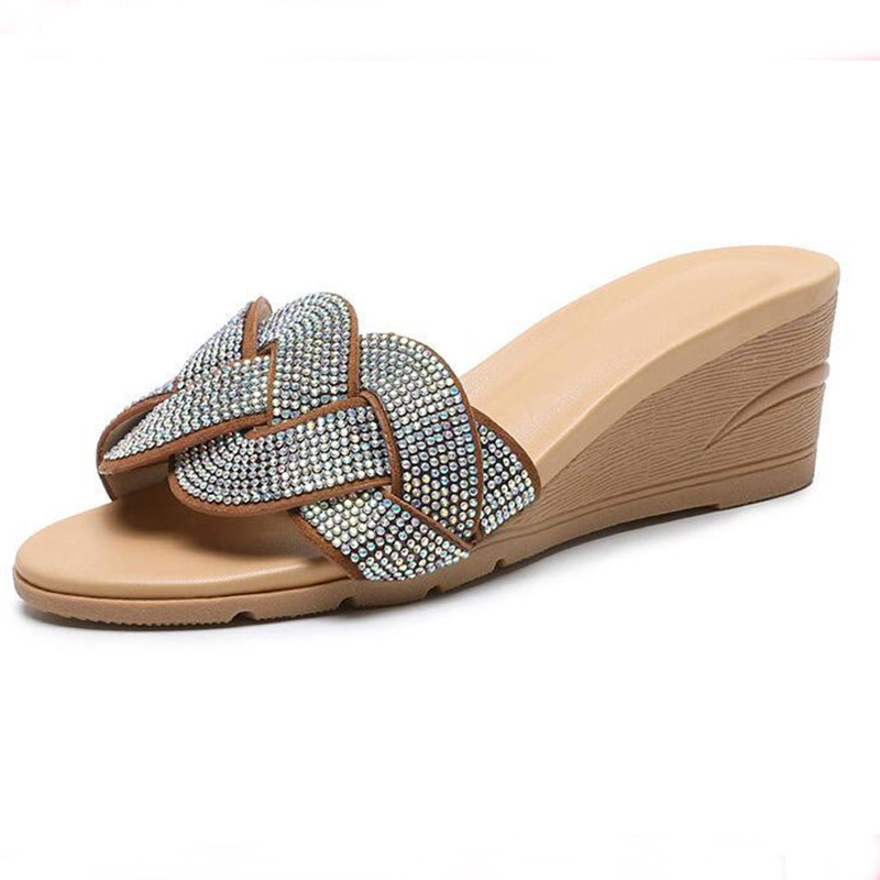 

summer shoes Platform Sandals Handmade Rhinestones Summer Open Toe Sandals Women Comfortable Plus Size 41claquette femme fourrur, Black