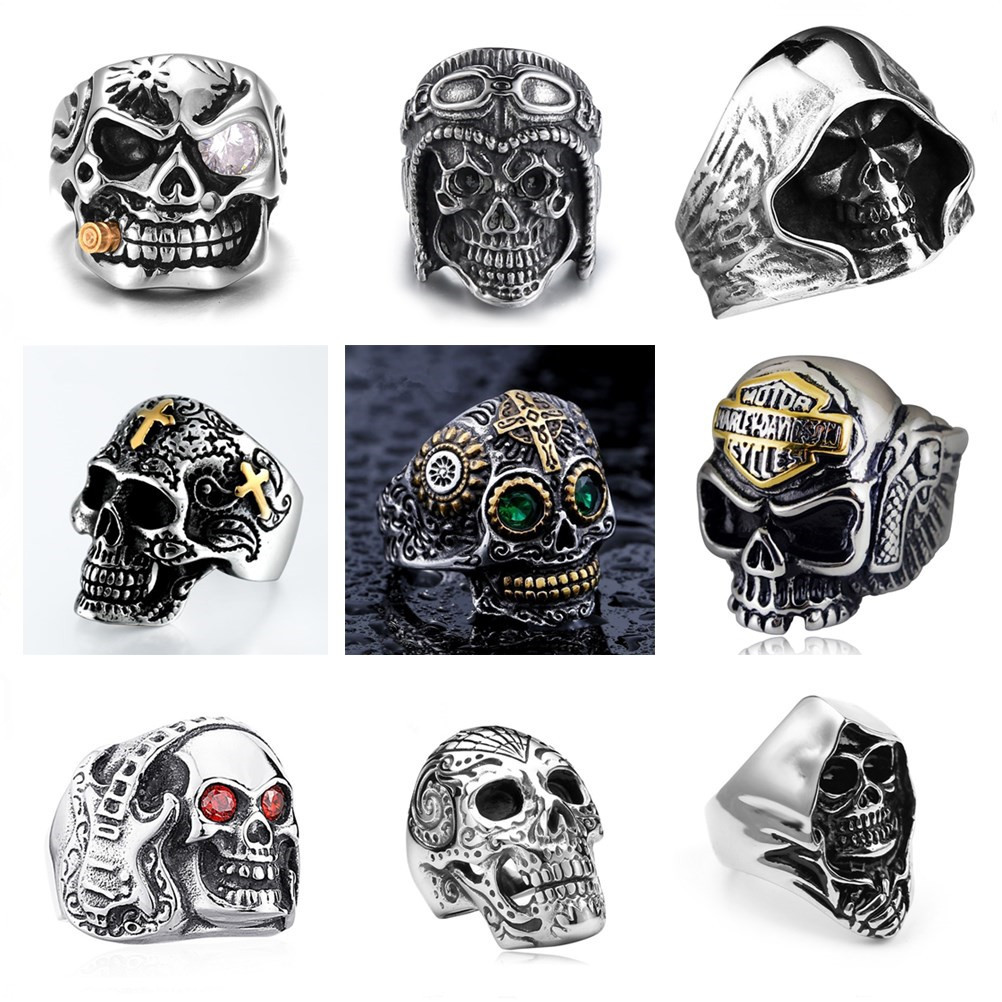

Fashion Retro Punk Skull Vintage Men Steampunk Retro Alloy Stainless Steel Rings Gothic Male Hip Hop Skull Hip Hop Finger Ring