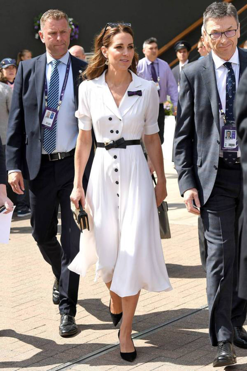 

Kate Middleton Princess White Midi Dress Short Sleeve Dresses With Belt