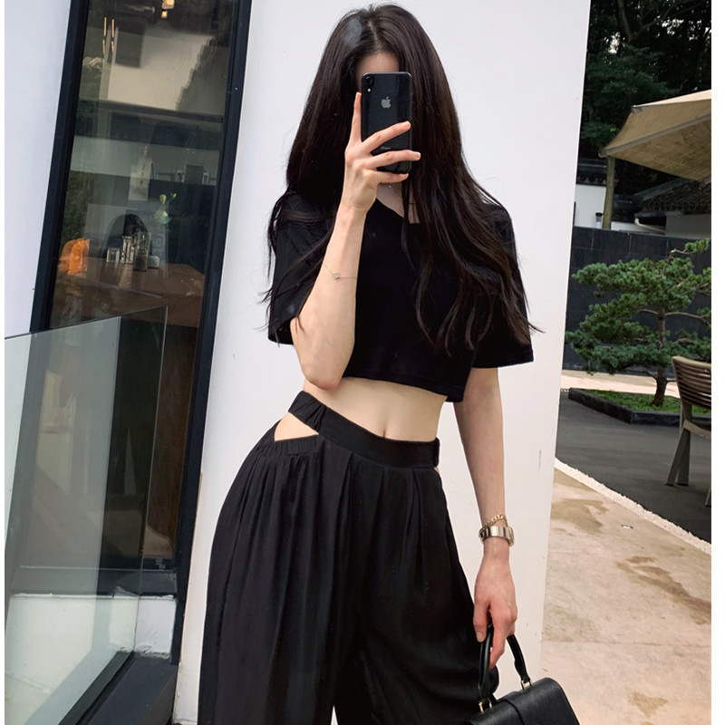 

2020 Two Piece Set Women Summer Crop Top Wide Leg Pants Elegant Ensemble Femme Office Ladies Black Suits Casual Women Clothing, Black pants