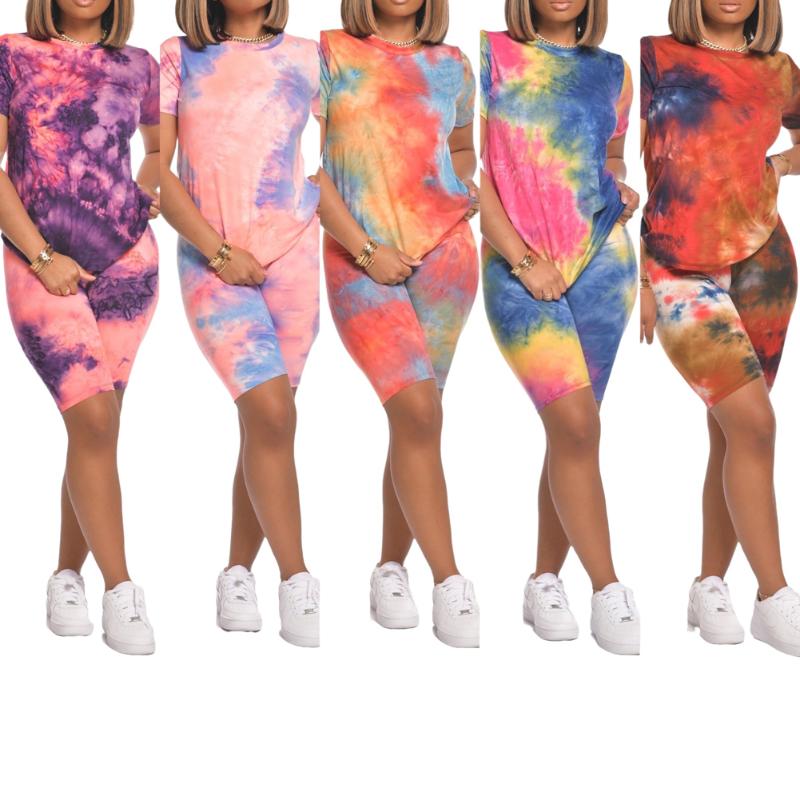 

2020 Women Summer Tie Dye Short Sleeve T Shirt Shorts Set Sports Tracksuit Yoga Sets Outfits