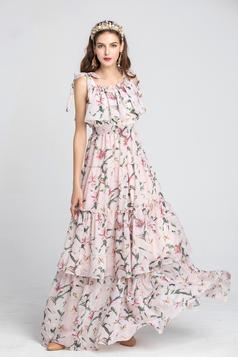 Robes de créateurs de piste pour femmes Sexy Bow Bretelles spaghetti Imprimé floral Volants à volants Mode Vacances Longues robes d'été