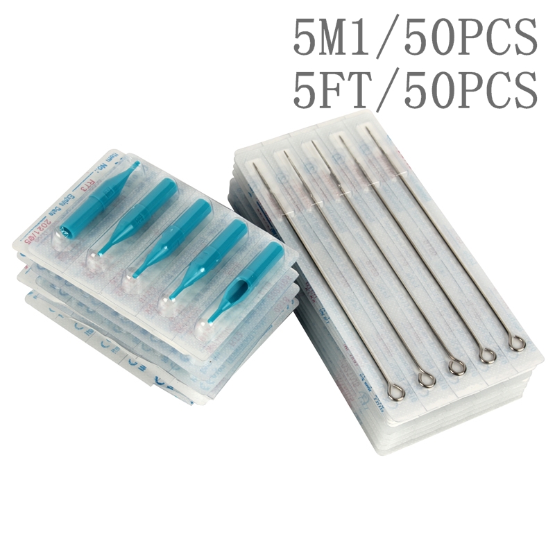 

YILONG (5M1+5FT) 50 PCS Disposable Sterile Tattoo Needle+50PCS Blue Disposable Tattoo tips 5M1 & Plastic Tattoo Tips 5FT Combo