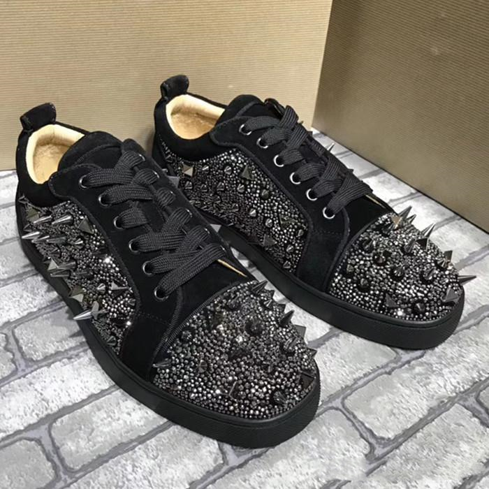 

GOLD Genuine Leather spikes Red Bottom Shoes Men Low Cut Designer Sneakers Mens Womens Flat Casual Shoes Brand New Comfort, Black
