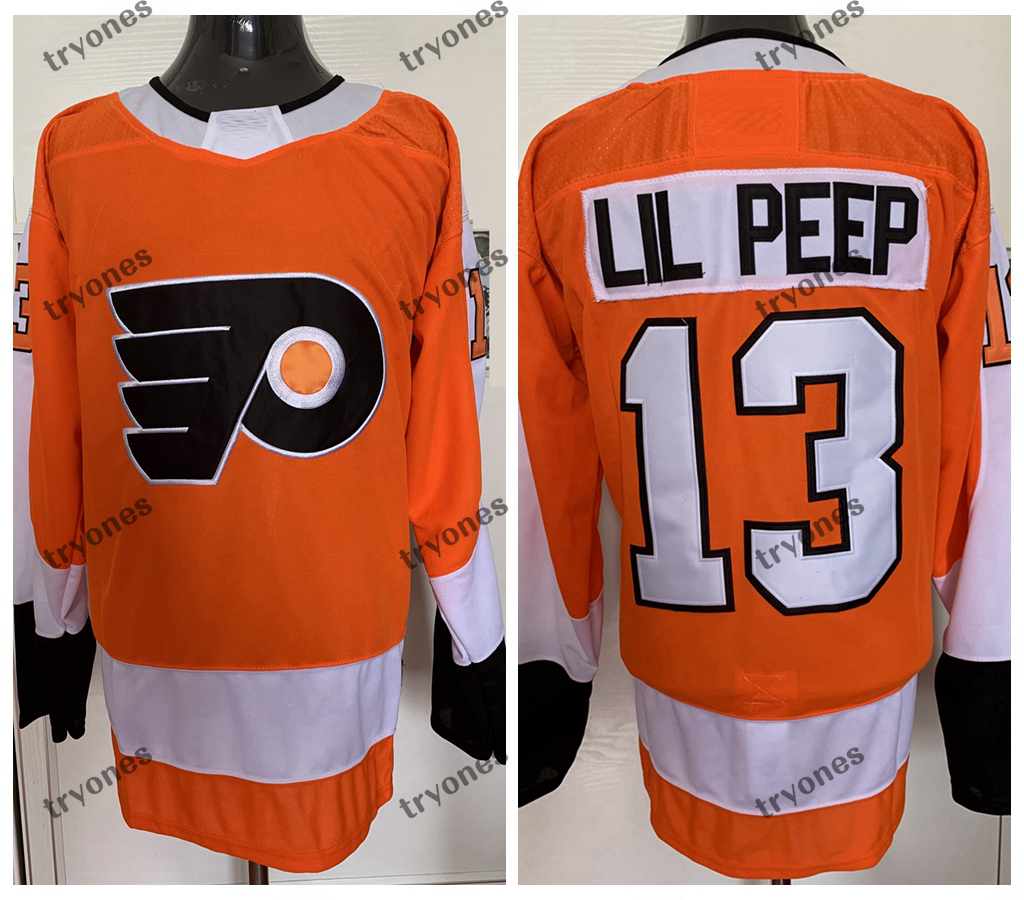 

Custom Fashion Star Lil Peep #13 Philadelphia Flyers Hockey Jerseys Customize Stitched Name Number Orange Mens S-XXXL, Black;red