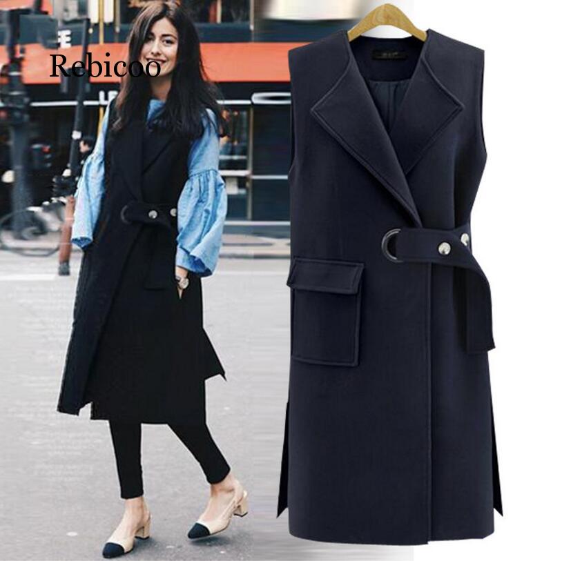 

Europe and the United States 2019 autumn large size jacket wool long vest jacket solid color lapel pocket black women's