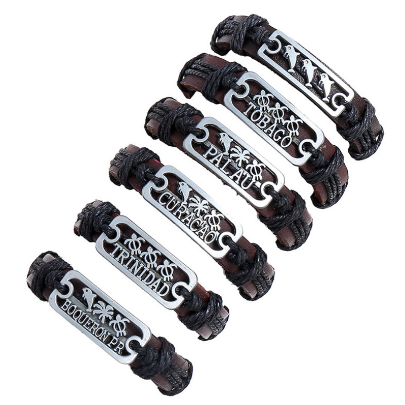 

Fashion Vintage Leather Beach Bracelets Set Men Brown Wristbands Dolphin Tortoise Coconut Tree Charms Bangle Wrap Women Jewelry