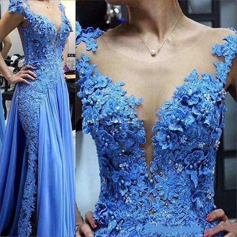 2020 élégante dentelle arabe robes de soirée sexy Illusion cou 3D cristal perles Appliques Sheer Retour Prom Robe de soirée Robes de soirée