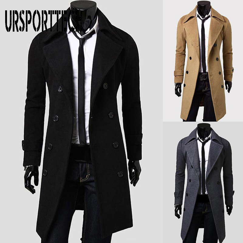 

URSPORTTECH Fashion Coat Men Wool Coat Winter Warm Solid Long Trench Jacket Breasted Business Casual Overcoat Male Woolen, Black